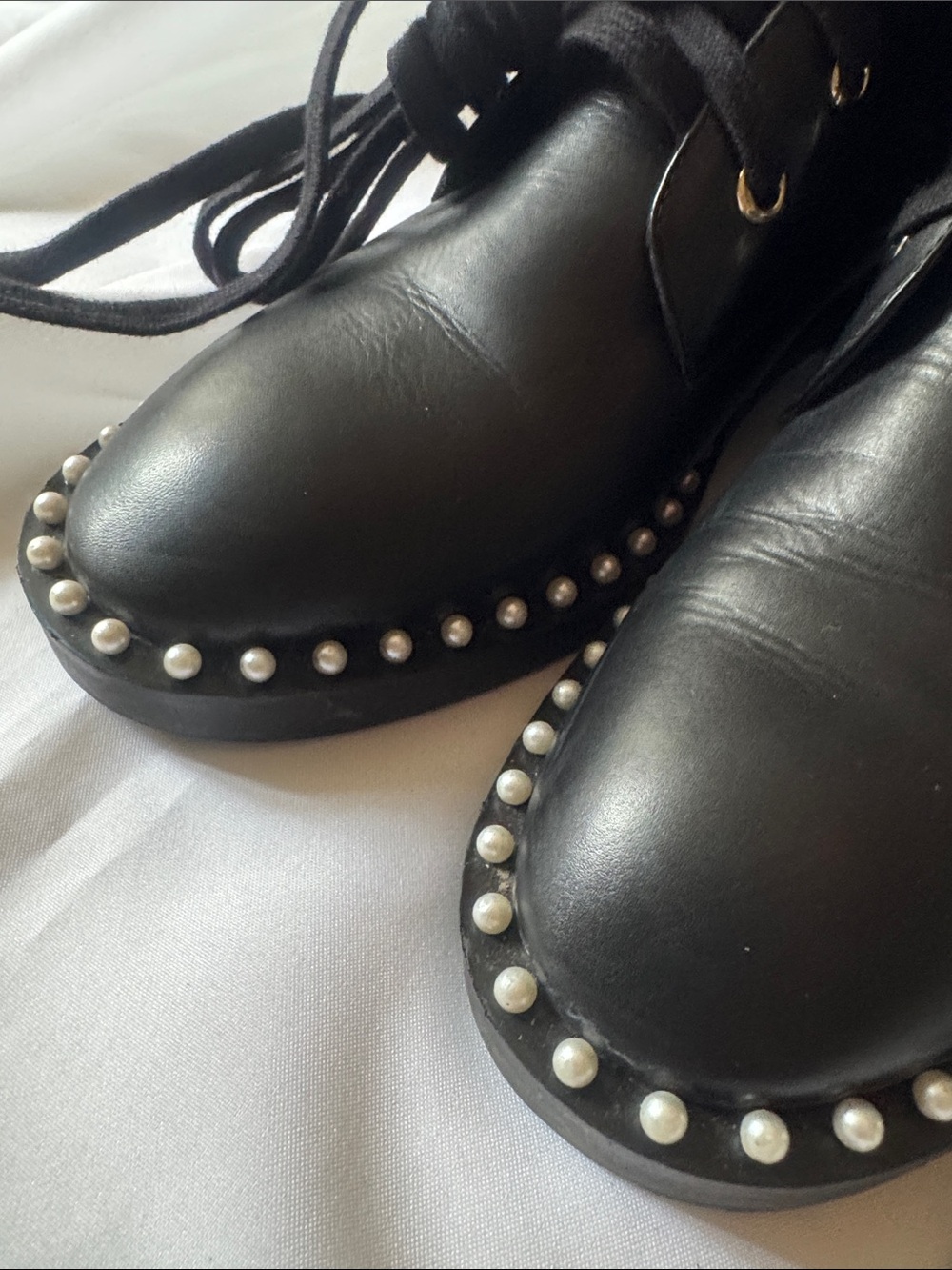 Stuart Weitzman Black Leather Combat Boots with Pearl Studs - Picture 4 of 8